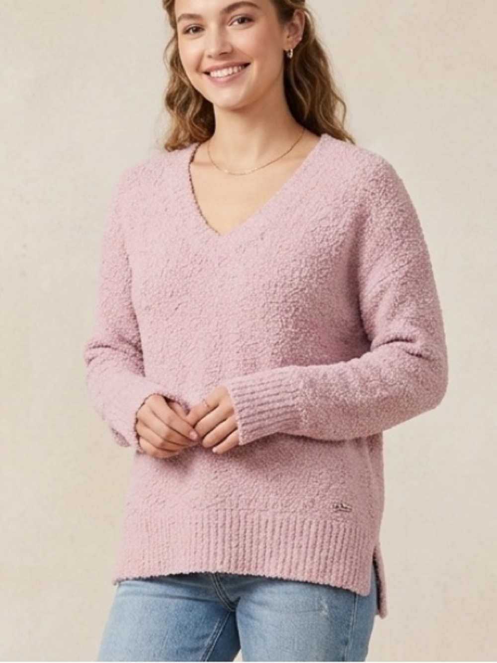 Sanctuary V-Neck Plush Teddy Sweater Dusty Blush Pink Oversized Slouchy Small